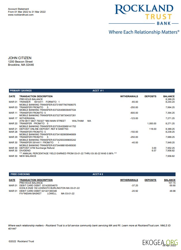 USA Massachusets Rockland Trust relevé bancaire
